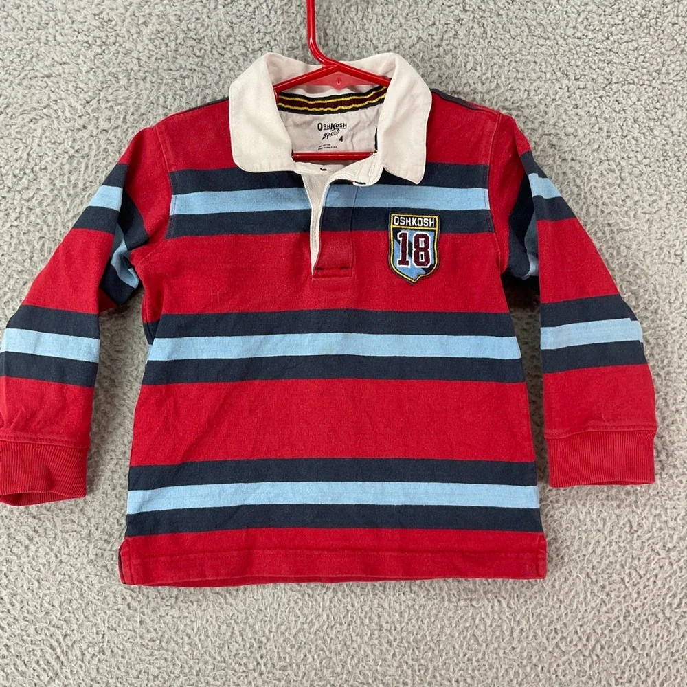 OshKosh Rugby Shirt Kids Size 4 Red Blue Striped Long Sleeve Varsity Sports 18